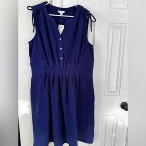 J. Jill NWT Cotton-Gauze Tie-Sleeve Dress XL Sapphire w/pockets 100% Cotton
